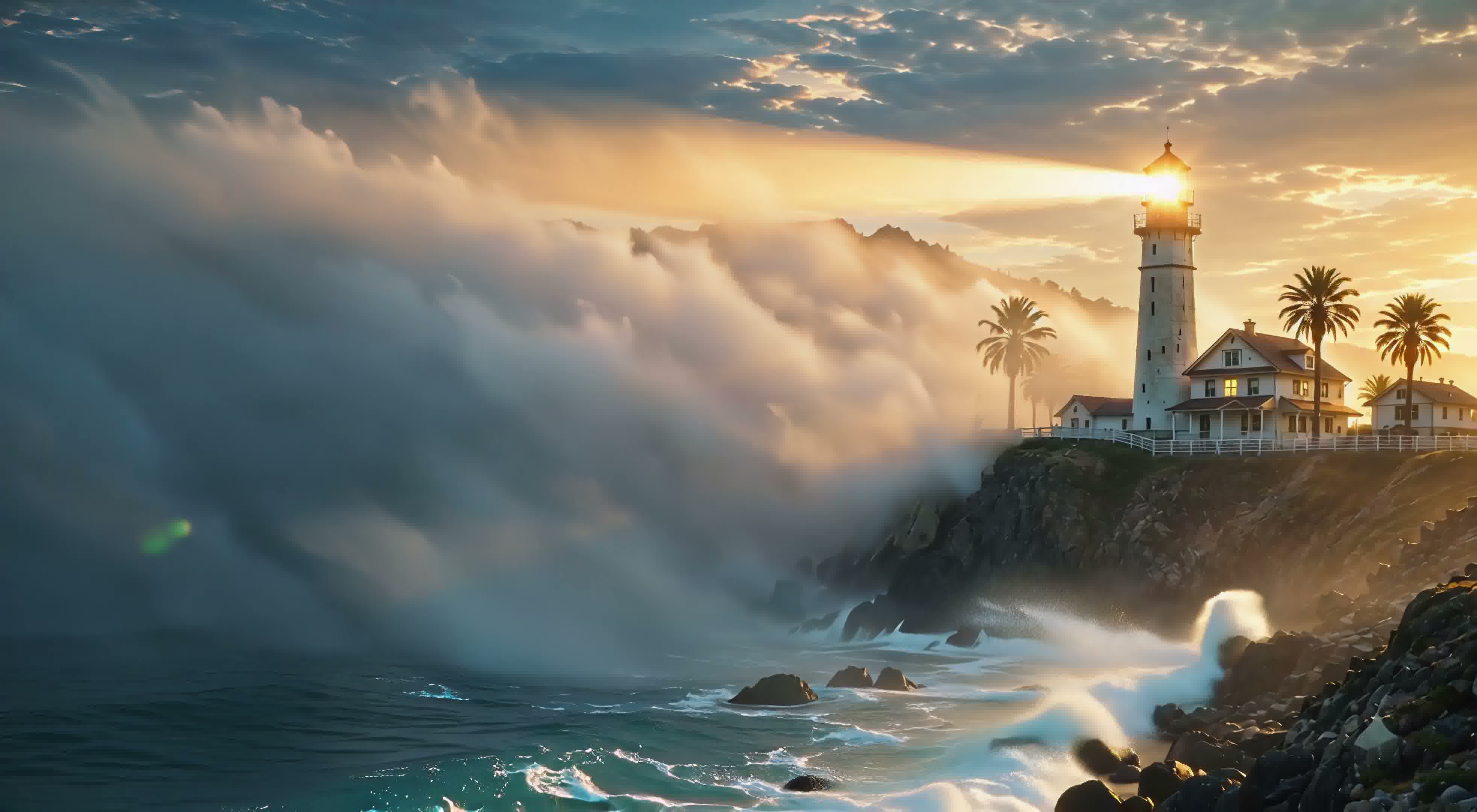 Lighthouse beam cutting through coastal fog at sunrise